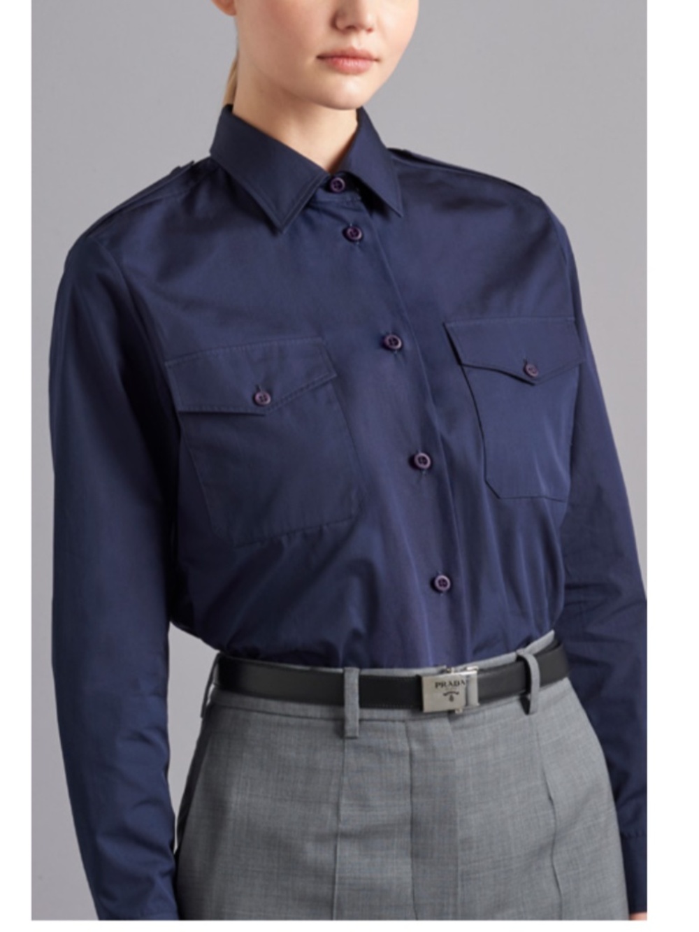 Prada Poplin Shirt with Tie -  Size 42 / Large - Navy Blue NWOT